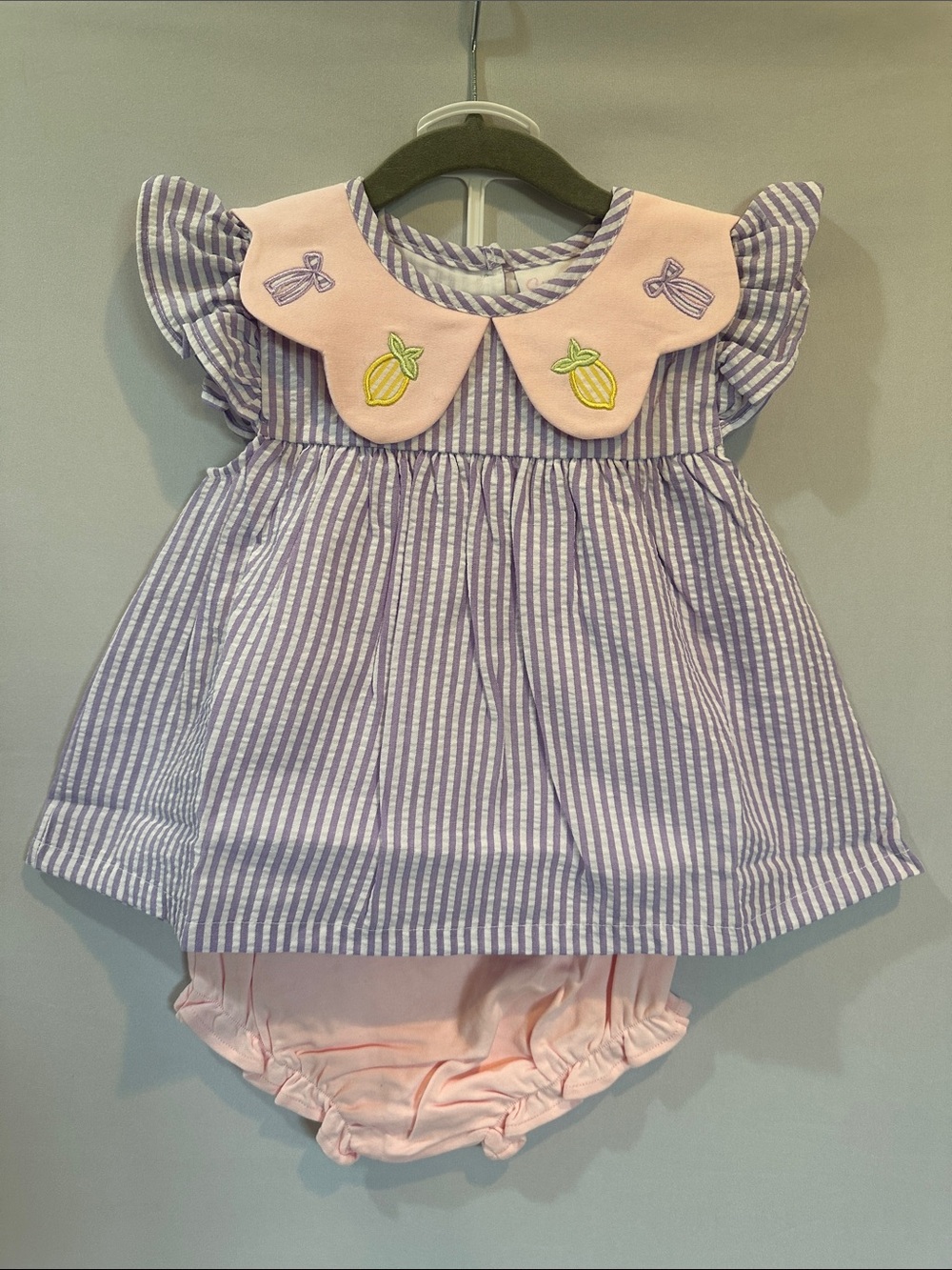 Striped Lavender with Pink Collar & Lemon Embroidery with matching bow